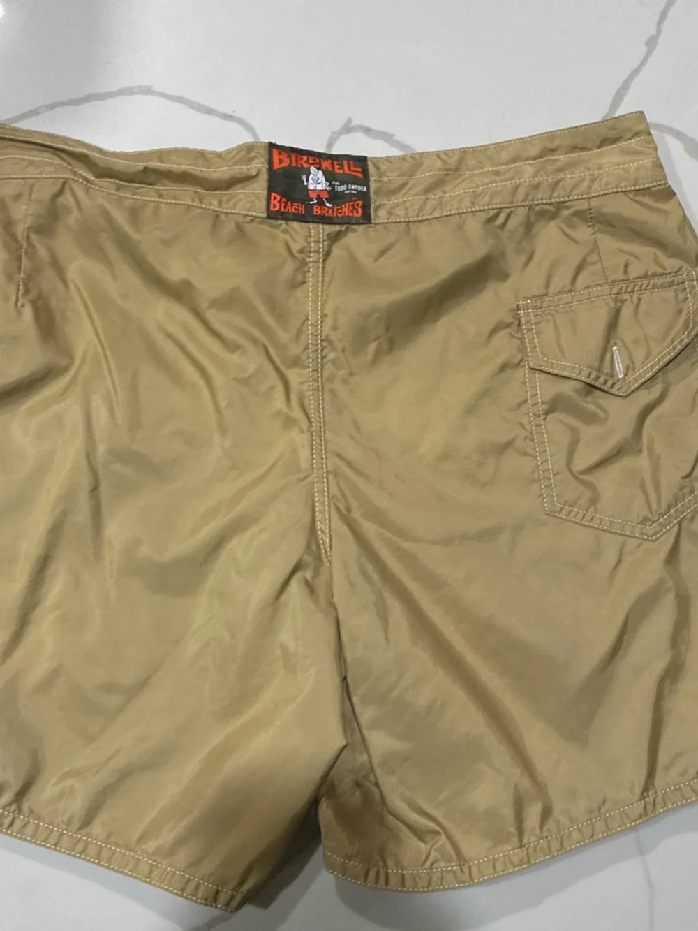 Birdwell Khaki Swim Board Shorts with Camo Hem